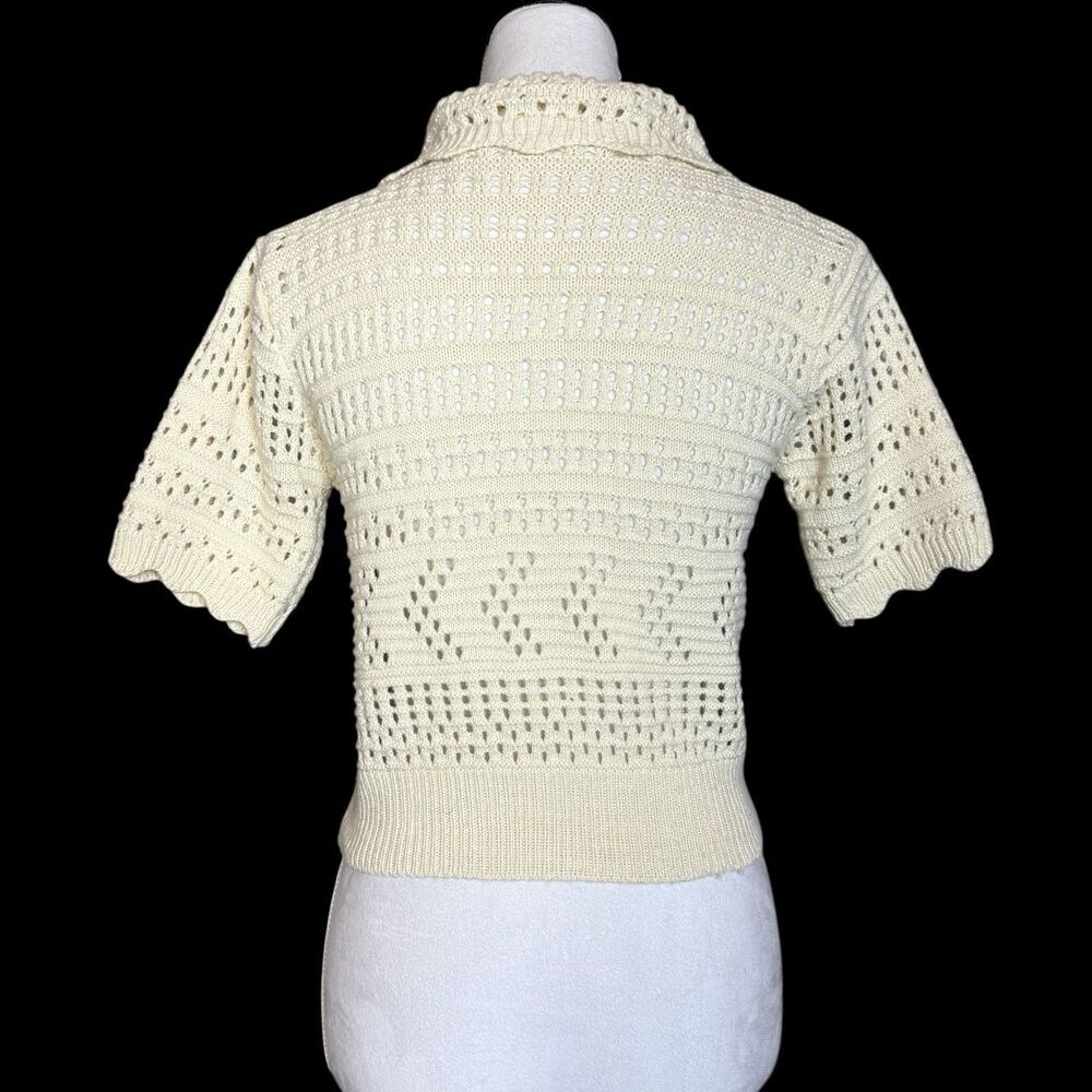 Y2K Open Knit Crochet Polo Sweater Button Up Top Floral Cottage Fairy Peasant - Picture 7 of 7